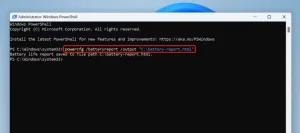 cmdlet برای تولید گزارش باتری که در PowerShell تایپ شده است.