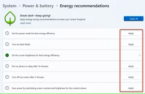 توصیه های انرژی مختلف در تنظیمات برجسته شده است.