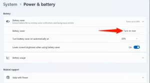 «اکنون روشن کنید» برای «بهینه‌سازی باتری» در تنظیمات برجسته شده است.