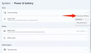 "بهترین بهره وری انرژی" در تنظیمات برجسته شده است.