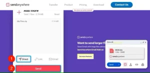 "مستقیم" و "ارسال" در Send Anywhere برجسته شده اند.