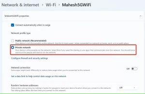انتخاب نمایه شبکه خصوصی در تنظیمات شبکه در ویندوز.