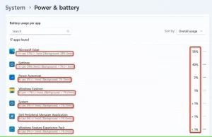 مصرف باتری به ازای هر برنامه در تنظیمات.