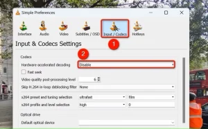 "Input/Codecs" و "Hardware- Accelerated Decoding" در VLC برجسته شده است.