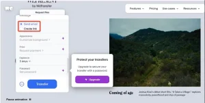 "ارسال ایمیل" و "ایجاد پیوند" در WeTransfer برجسته شده اند.