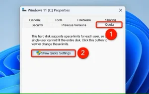 "Enable Quota Management" و "Quota Entries" در پنجره تنظیمات سهمیه برجسته شده است.