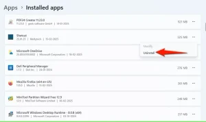 "حذف نصب" برای یک برنامه در تنظیمات برجسته شده است.