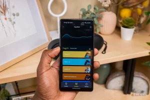 دست در دست گرفتن تلفن همراه با استفاده از اکولایزر Tribit App.