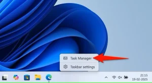 "Task Manager" در منوی زمینه نوار وظیفه ویندوز برجسته شده است.