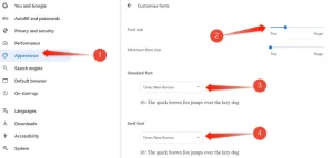 تغییر اندازه و سبک فونت در تنظیمات کروم.