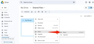 اشتراکگذاری > اشتراکگذاری برای یک فایل در Google Drive برجسته شده است.