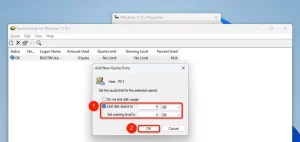 گزینه های استفاده از دیسک در پنجره Quota Entries برجسته شده است.