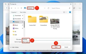 گزینه‌های مختلف در پنجره «ذخیره به‌عنوان» Snipping Tool برجسته شده‌اند.