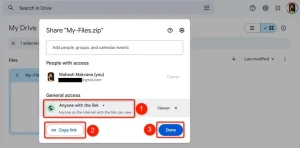 گزینه های دریافت پیوند فایل قابل اشتراک گذاری که در Google Drive برجسته شده است.