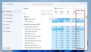 ستون "مصرف نیرو" در Task Manager برجسته شده است.