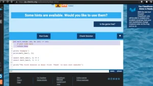 گیم پلی CheckiO با نمایش یک ویرایشگر کد نمایش داده می شود.
