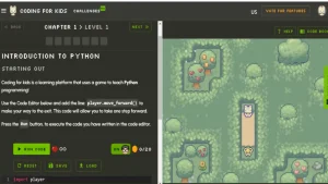 گیم پلی CodingForKids با نمایش سبک بازی از نوع هنری پیکسل در یک پلت فرم تعاملی نشان داده می شود.