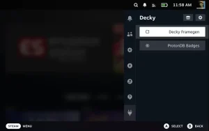 منوی Decky با پلاگین Decky Framegen برجسته شده است.