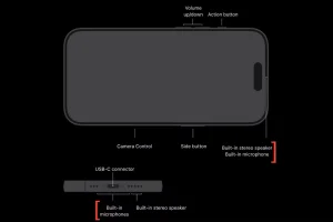 اسکرین شات صفحه پشتیبانی اپل که محل قرارگیری میکروفون ها روی شاسی آیفون 16 پرو را نشان می دهد.

