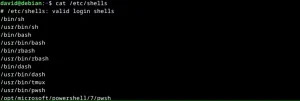 خروجی دستور "cat /etc/shells" در لینوکس.