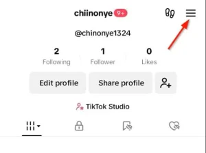 صفحه نمایه TikTok که نماد منو را نشان می دهد.