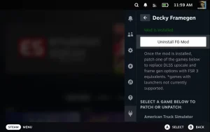 اعلان Mod برای Decky Framegen نصب شده است.