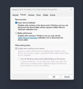 گزینه ای برای پیکربندی درایوهای خارجی در حذف سریع یا نوشتن کش.