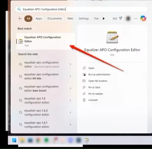 منوی استارت ویندوز با "Equalizer APO Configuration Editor" در جستجو تایپ شده است.