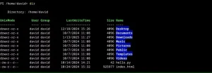 خروجی فرمان PowerShell "dir" در لینوکس.
