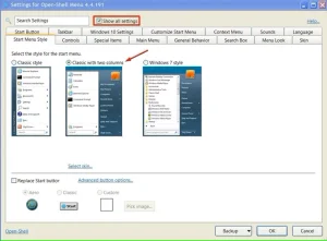 گزینه نمایش همه تنظیمات در Open-Shell.