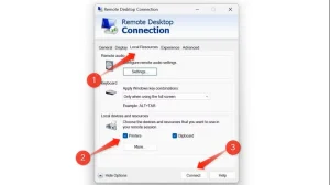 فعال کردن گزینه Printers در تنظیمات Remote Desktop Connection.