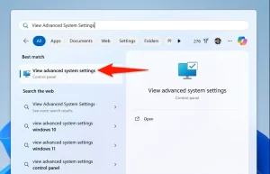 "مشاهده تنظیمات پیشرفته سیستم" در جستجوی ویندوز برجسته شده است.