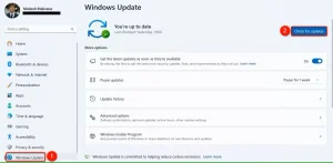 "Windows Update" و "Check for Updates" در تنظیمات برجسته شده اند.