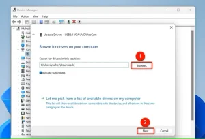"Browse" و "Next" در پنجره "Update Drivers" برجسته شده اند.