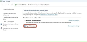 "عملکرد بالا" در پنجره "Power Options" برجسته شده است.