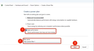 «عملکرد بالا»، «نام طرح» و «بعدی» در صفحه «ایجاد طرح نیرو» برجسته شده‌اند.