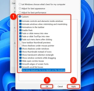 جلوه های بصری، "اعمال" و "OK" در پنجره "Performance Options" برجسته شده اند.