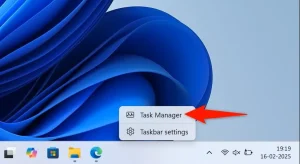"Task Manager" در منوی زمینه نوار وظیفه ویندوز برجسته شده است.