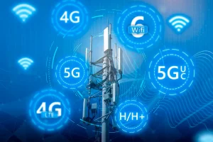 یک برج مخابراتی با تعدادی نماد که نشان دهنده انواع مختلف اتصالات اینترنتی در اطراف آن است.