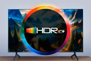 یک تلویزیون و یک چرخ رنگ در مرکز با نماد HDR10+.