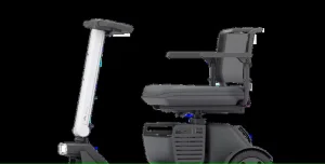 ویلچر هوشمند WHILL با چرخ‌ها، صندلی کانتور، و استراحتگاه بازو.
WILL