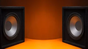 دو بلندگو رو به روی هم بر روی پس زمینه زرد.