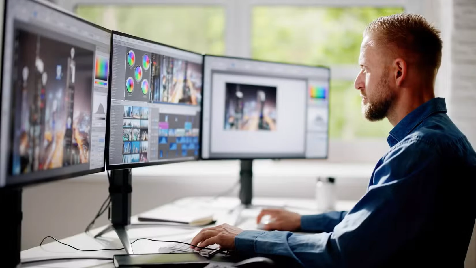 مردی که روی یک کامپیوتر با سه مانیتور کار می کند.