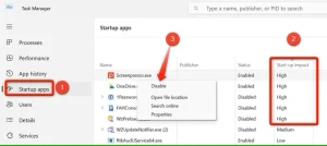 غیرفعال کردن برنامه های راه اندازی که تأثیر زیادی در Task Manager دارند.