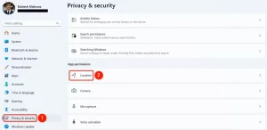 "حریم خصوصی و امنیت" و "مکان" در تنظیمات برجسته شده است.