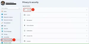 "حریم خصوصی و امنیت" و "مکان" در تنظیمات برجسته شده است.