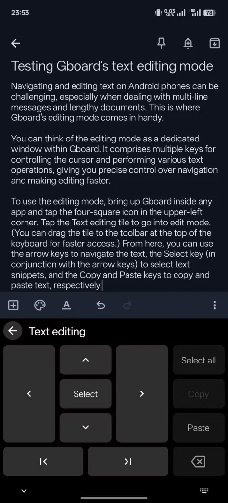 استفاده از حالت ویرایش Gboard در برنامه Keep در گوشی اندروید برای پیمایش و ویرایش متن.