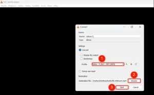 "نمایه"، "مرور" و "شروع" در پنجره "تبدیل" برجسته شده است.