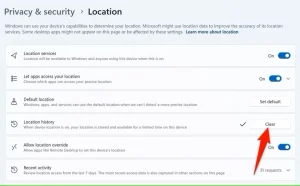 "Clear" در صفحه "Location" برجسته شده است.