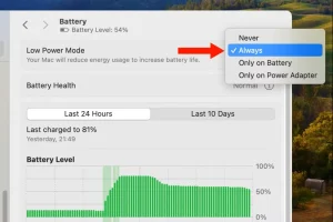 تصویری از حالت کم مصرف در تنظیمات باتری در macOS با فلش کنار همیشه.